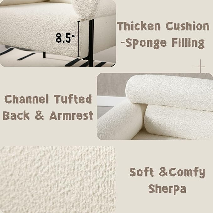 Modern Accent Chair, Boucle Sofa Accent Chair for Living Room, Upholstered Sherpa Mid-Century Modern Armchair, Oversized Reading Chair with Channel Tufted for Bedroom, Office, White