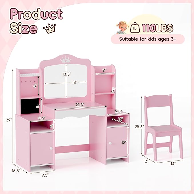Kids Vanity, Girl Vanity Set with Storage Cabinet & Open Shelf, 2 In 1 Kids Vanity Table and Chair Set with Jewelry Storage, Princess Toddler Makeup Vanity with Mirror for Little Girls (Pink)