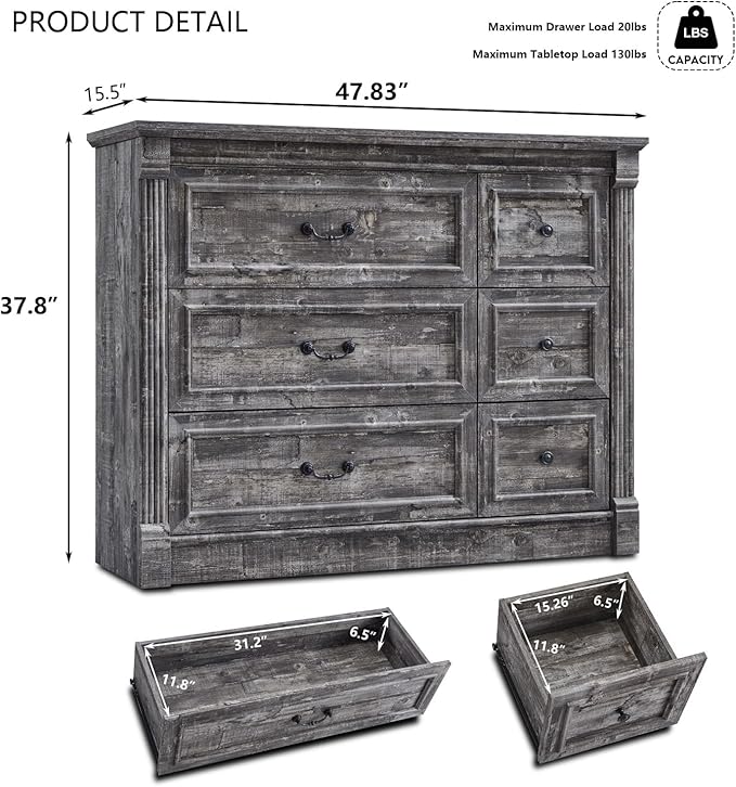 Farmhouse 6 Drawers Dresser for Bedroom, 48" Wide Large Dressers & Chests of Drawers w/Roman Column, Storage Dressers Organizer for Bedroom, Hallway, Living Room, Light Grey