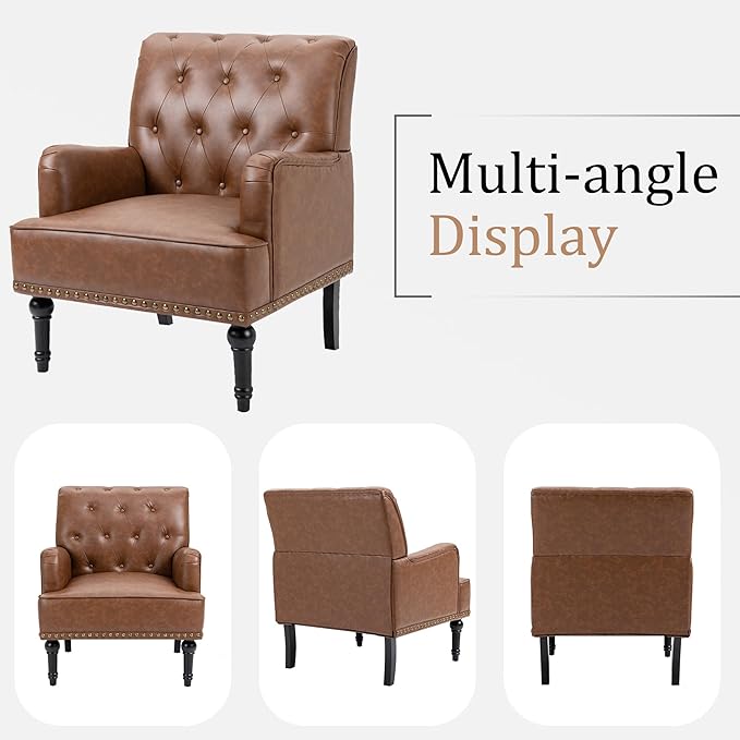 MOJAY Faux Leather Accent Chair, Mid-Century Armchair Living Room Sofa Chair with Rubber Wood Leg, Club Chair with Rivet Trim for Bedroom Reading Room Reception (Brown)