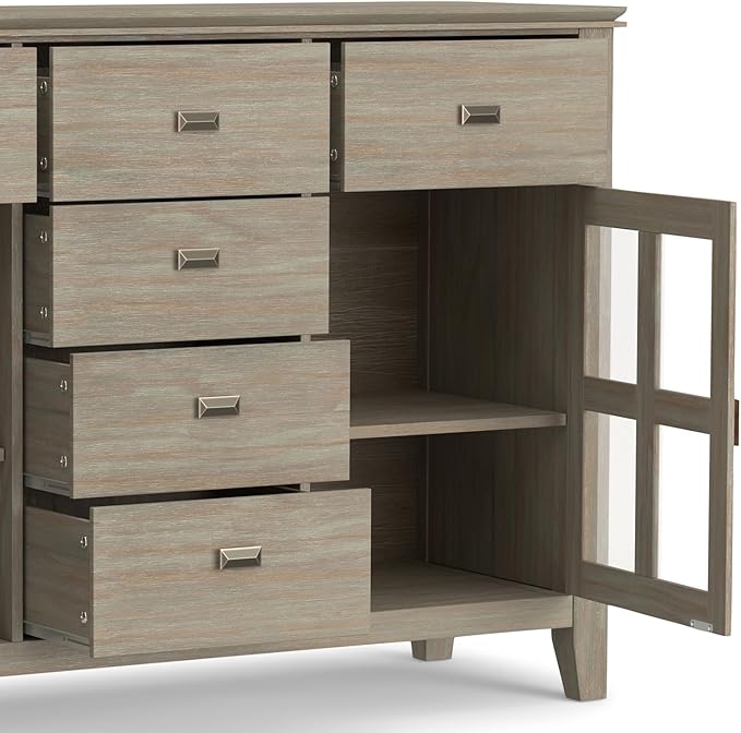 SIMPLIHOME Artisan Buffet - 54 inch Wide Solid Wood 3-Door Sideboard Buffet in Distressed Grey, Transitional Storage Cabinet for Dining Room or Kitchen with Adjustable Shelves and Bronze Hardware
