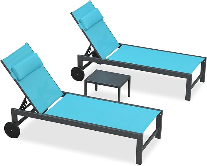 PURPLE LEAF Patio Lounge Chair Set of 3 Outdoor Chaise Lounger Aluminum Frame with Side Table and Wheels for Pool Outside Sunbathing Tanning Recliner Including Pillows Turquoise Blue