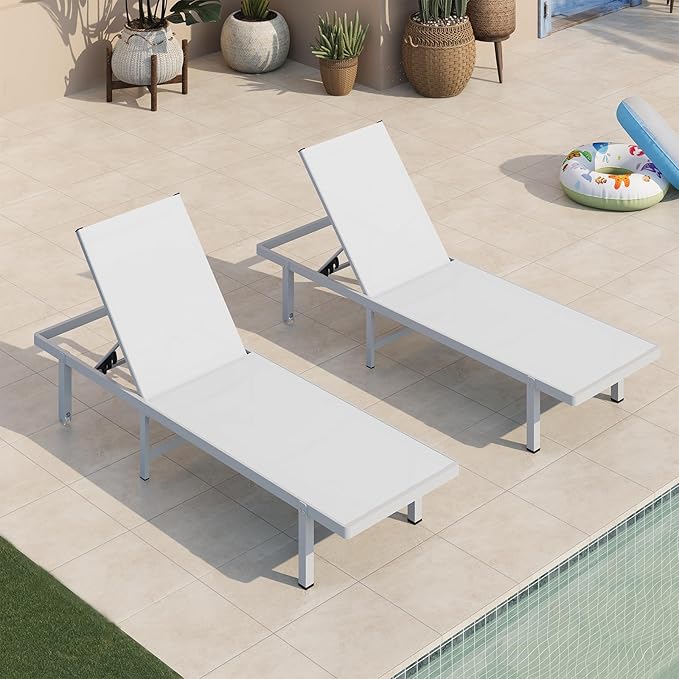 Pool Lounge Chairs Set of 2,Outdoor Lounge Chairs with Wheels and 5-Position Recliner -Easy to Move- Aluminum Patio Lounge Chair for Poolside, Deck (White)