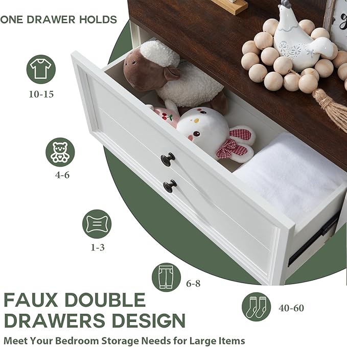 Farmhouse 6 Drawers Dresser for Bedroom, 58" Wide Dresser Chest of Drawers Organizer Storage, Wood Rustic Chest for Closet w/Two Different Drawer Sizes for Living Room, Hallway, White