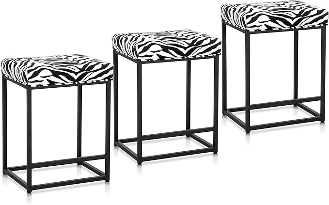 MAISON ARTS Bar Stools Set of 3 | Counter & Bar Height Kitchen Island Stools | Modern Black & White Zebra Stripes Metal Barstools | 24" Backless Farmhouse Bar Height Stools