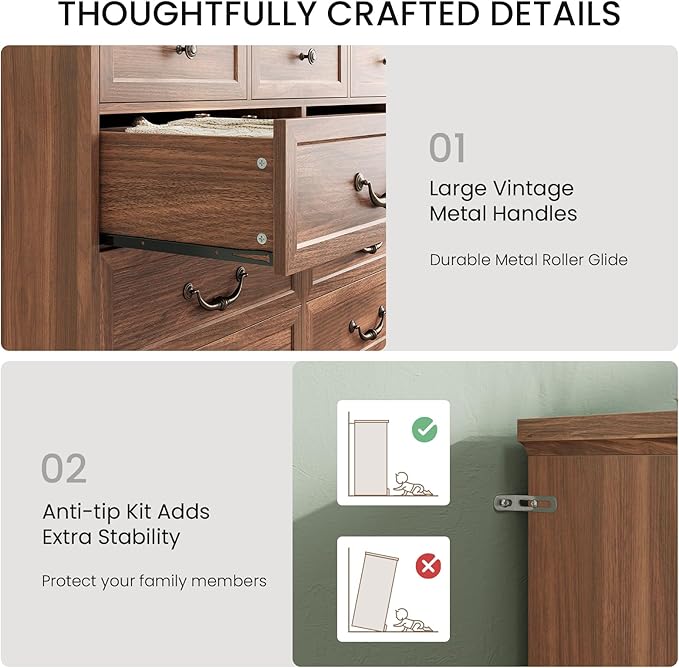 DICTAC Farmhouse 9 Drawers Dresser for Bedroom, Wide Dressers Chest of Drawers, Large Storage Closet Organizer with Natural Texture and Vintage Metal Handle, Wooden Dresser TV Stand for Living Room