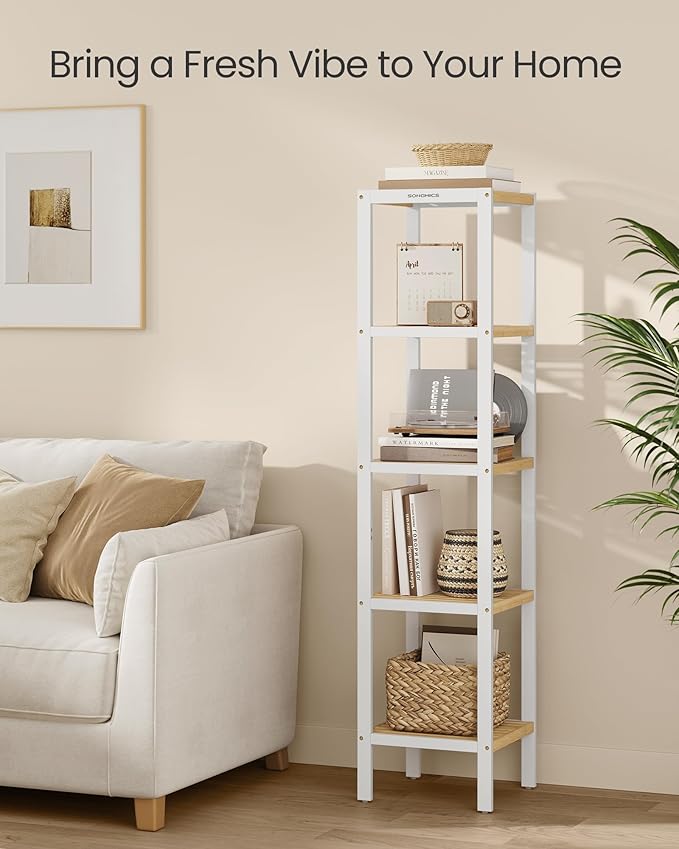 SONGMICS Bamboo Storage Shelf, 5-Tier Shelving Unit, Multifunctional, in The Entryway, Bathroom, Living Room, Balcony, Kitchen, 13 x 13 x 57.5 Inches, Cloud White and Light Bamboo UBCB055N01