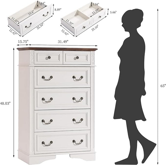 Dresser for Bedroom, 6 Drawers 48" Tall Dresser for Storage and Organization, White Farmhouse Chest of Drawers for Living Room, Closet, Hallway