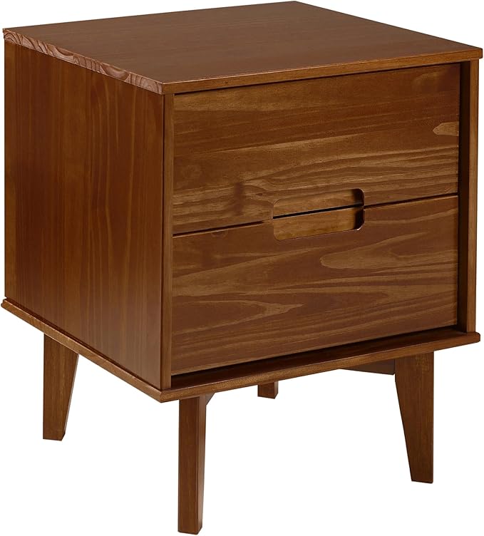 Walker Edison Mid Century Modern Grooved Handle Wood Nightstand Side Table Bedroom Storage Drawer and Shelf Bedside End Table, 2 Drawer, Walnut