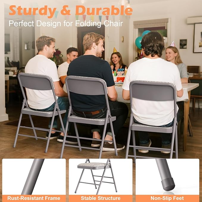 Commercial Grade Folding Chair with Padded Fabric Cushion(16"X16" |Double-hinged Legs Luxury Style|4.5kg Capacity Max Weight 150Kg for Home and Office,Indoor and Outdoor Events (4, Fabric-Beige)