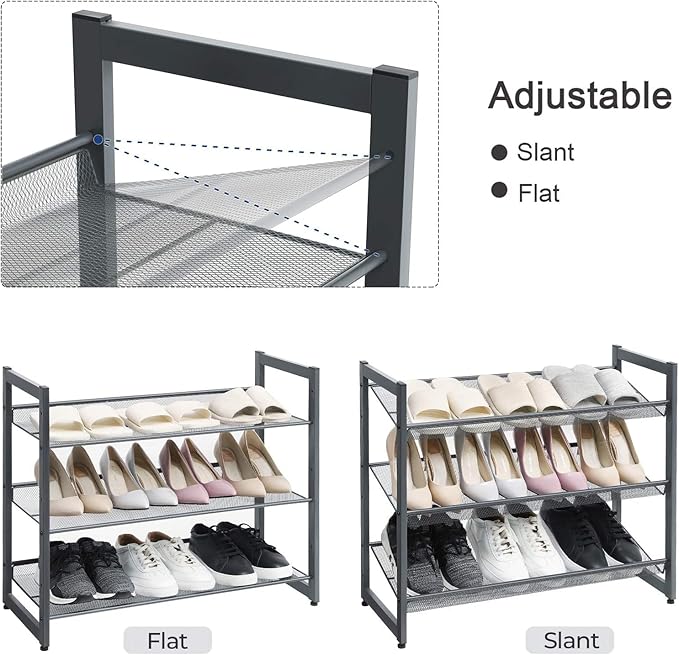 SONGMICS Shoe Rack, 3-Tier Shoe Organizer, Metal Shoe Storage for Garage, Stackable Shoe Shelf, with Adjustable Flat or Angled Shelves, 9-12 Pairs, Charcoal Gray ULMR03GB