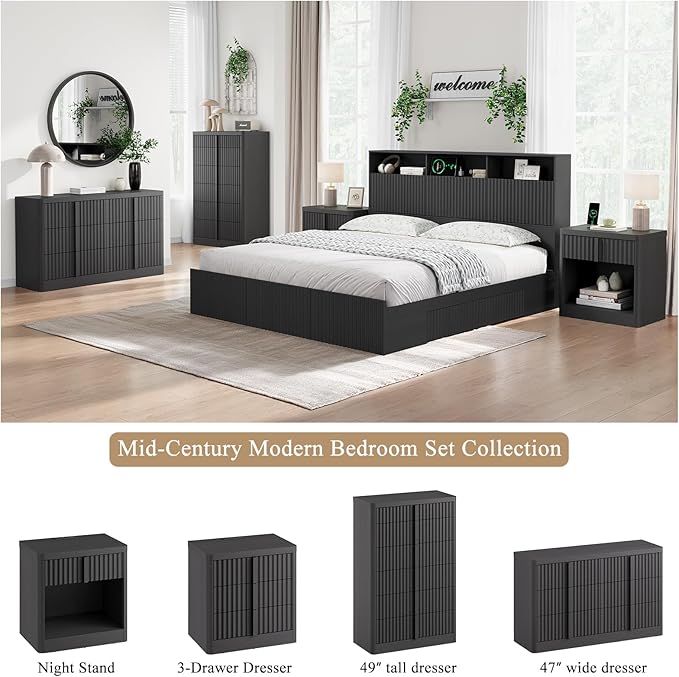Fluted Dresser for Bedroom, 48" Tall 6 Drawer Dresser, Modern Chest of Drawers with Solid Wood Handle, Curved Profile Design, Wood Dressers Storage Organizer, Living Room, Hallway, Black