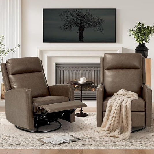 COLAMY Recliner Chair, PU Leather 360° Swivel Rocker Recliner, Nursery Glider Recliner with Ergonomic High Backrest and Upholstered Deep Seat for Living Room, Bedroom, Color Gray