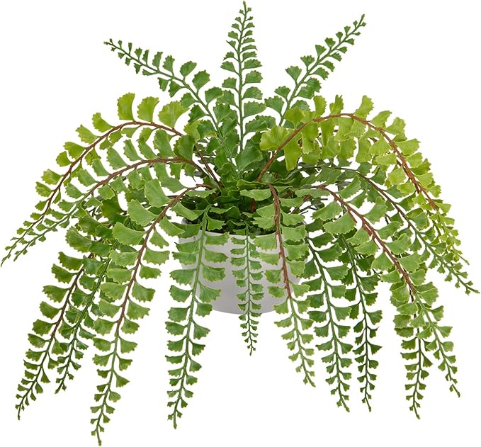 Hollyone Artificial Fern Potted Plant for Outdoors Indoors Lifelike Faux Boston Fern Artificial Plants in White Pot for Garden Patio Home Farmhouse Windowsill Office Decoration