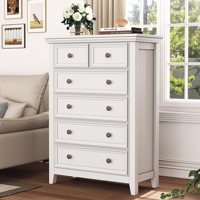 White Dresser for Bedroom, 6 Chest of Drawers, Farmhouse Dresser for Bedroom, Tall Storage Drawers Cabinet for Living Room, Home Office