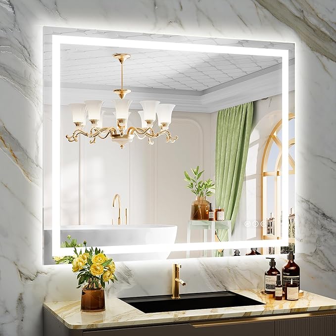 48x40 Inch LED Bathroom Mirror with Lights Front and Backlit Lighted Vanity Mirror for Bathroom Wall with 3 Colors Dimmable Anti-Fog Memory Tempered Glass Horizontal/Vertical