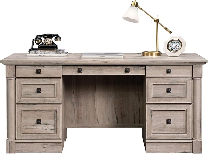 Sauder Palladia Office Desk with Drawers, Executive Desk with File Cabinet Storage, Cable Management, Keyboard Tray, in Split Oak Finish
