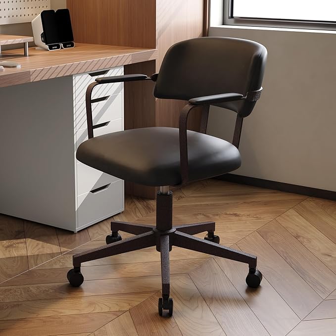 Home Office Desk Chair, Mid-Century Style Desk Chair with Padded Arms, Adjustable Seat Height, Mid Back 360° Small Computer Chair with Mobile Mute Wheel, PU Leather (Black)