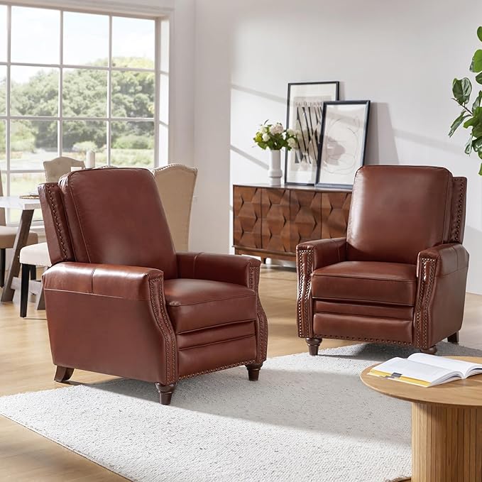 HULALA HOME Genuine Leather Manual Recliner Chair,Classic Push Back Reclining Armchair Sofa with Thick Seat, Adjustable Backrest & Nailhead Trim for Living Room Home Theater (Brown)