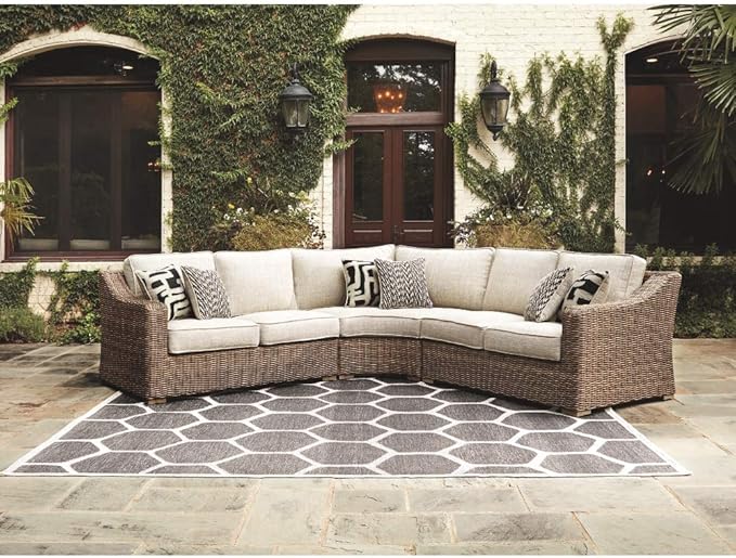 Signature Design by Ashley Beachcroft Outdoor Curved Corner Chair with Cushion, 2 Pillows, Performance Fabric, Resin Wicker, 18.5" Seat Height, Beige