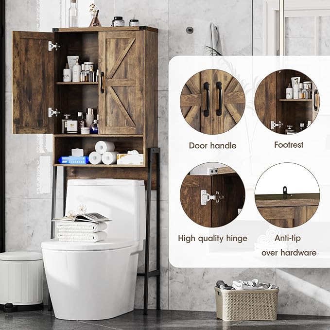 Vabches Over The Toilet Storage Cabinet with 2-Door Design Bathroom Organizers and Storage with Anti-Tip Device Over Toilet Organizer with Shelves for Bathroom,Restroom,Laundry Brown