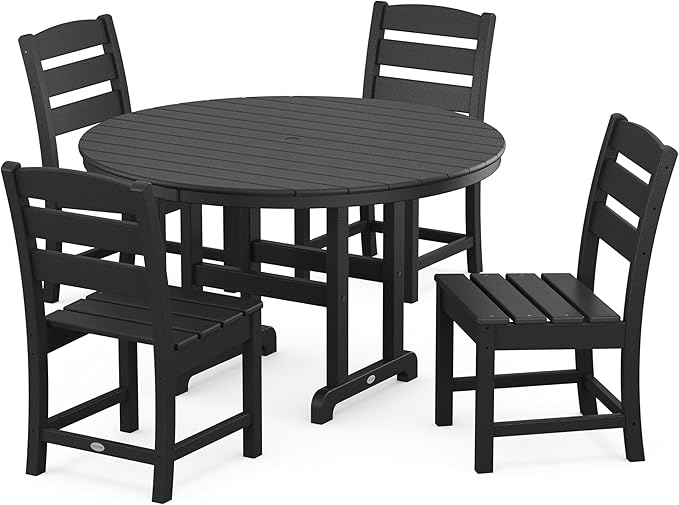 POLYWOOD Lakeside 5-Piece Round Dining Set, 48" Table, 4 Chairs, Outdoor Patio Furniture, Fade-Proof Black Recycled Plastic, Deck Garden Backyard