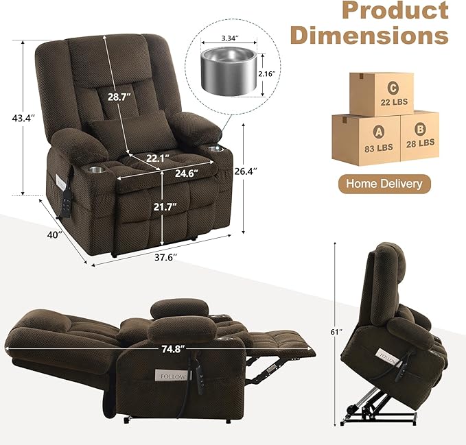 Infinite Position Power Lift Chair, Dual Motor Power Lift Recliner Chair with Massage and Heat Function for Elderly People, USB Charging Ports, Dark Brown