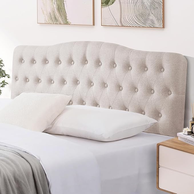Upholstered Queen Headboard, Button Diamond Tufted Headboard with Adjustable Height and Solid Wood Leg, Linen Fabric Padded Headboards for Queen Size Bed, Mordern Head Board, Beige