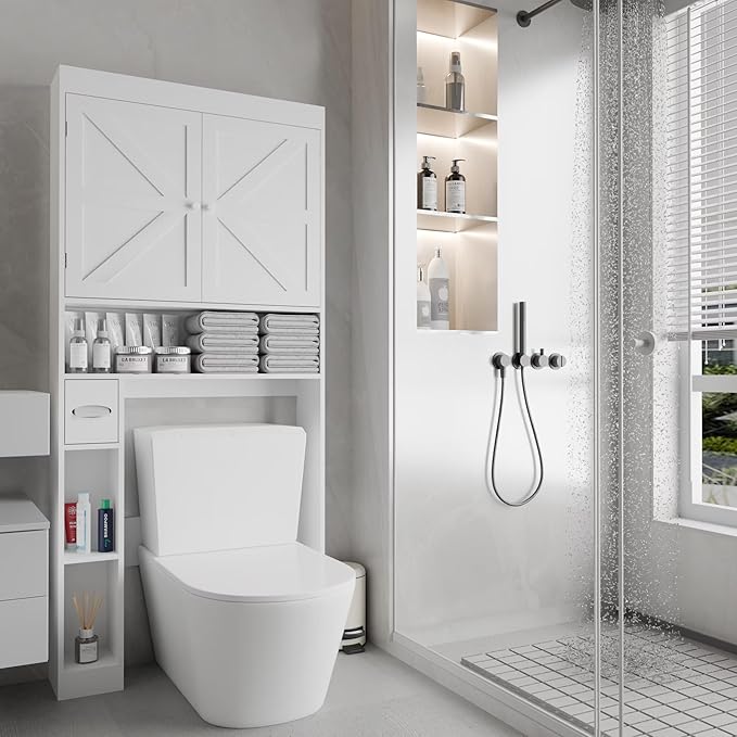 Over-The-Toilet Storage Cabinet - 2 Door Bathroom Organizer with Adjustable Shelves, Farmhouse Style Space-Saving Rack for Bathroom, Toilet, Laundry Room (White)