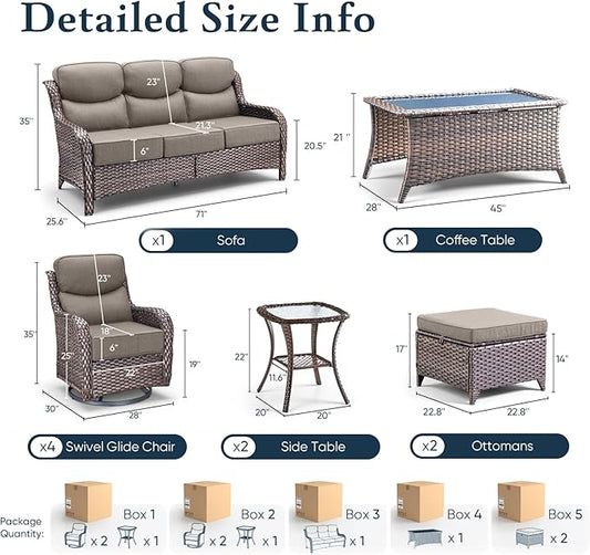 Belord Luxury 6" Thick Cushioned 10 Pieces Patio Furniture Set with Outdoor Couch, Wicker Outdoor Conversation Set with High Back Swivel Rocker Chairs for Deck Porch Yard and Poolside - Brown+Grey