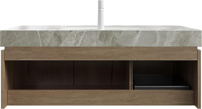 48 Inch Floating Bathroom Vanity with Sink, Wall-Mounted Bathroom Vanity with Drawer and 2 Doors, Light Gray Sintered Stone Countertop and Ceramic Basin, Pre-Assembled, White Oak Woodgrain