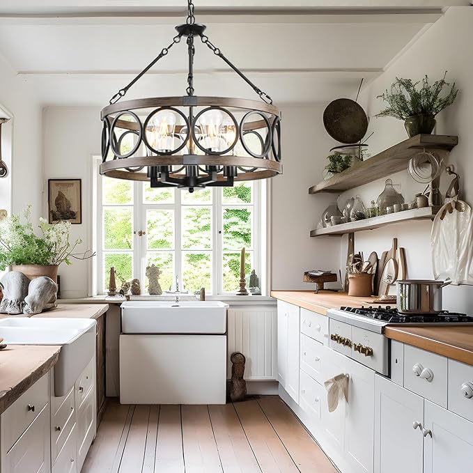 Light Fixtures Ceiling Mount,5 Light Flush Mount Ceiling Light with Chain,Height Adjustable Rustic Farmhouse Chandeliers for Dining Room,19.71" Black Chandelier Modern Pendant Light Fixture