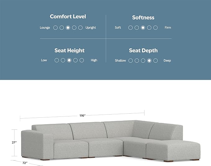 SIMPLIHOME Rex Right Corner Sectional Modular Sofa and Ottoman Set in 100% Recycled Polyester Tightly Woven Performance Fabric, Pale Grey, 116-inch-wide L-Shaped Sofa and 34-inch-Wide Ottoman