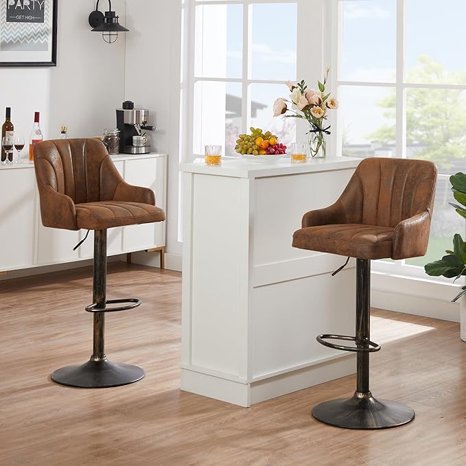 VECELO Bar Stools Set of 4, Adjustable Barstools, Counter Height Stools with Back and Arm, Kitchen Island Stools, Swivel PU Chairs for Pub, Dining Room, Industrial Style, Brown