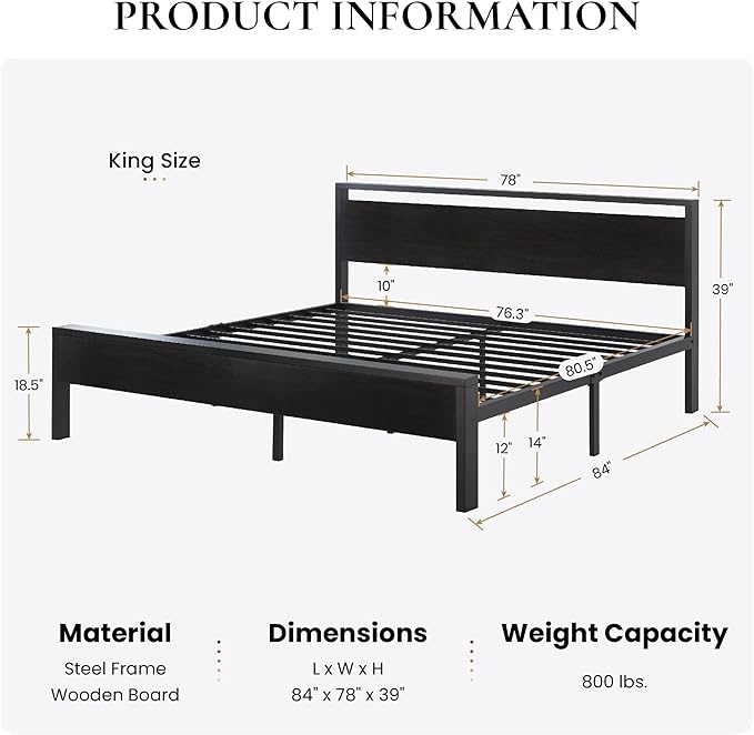 SHA CERLIN 14 Inch King Size Metal Platform Bed Frame with Wooden Headboard and Footboard, Mattress Foundation, No Box Spring Needed, Large Under Bed Storage,Black Oak