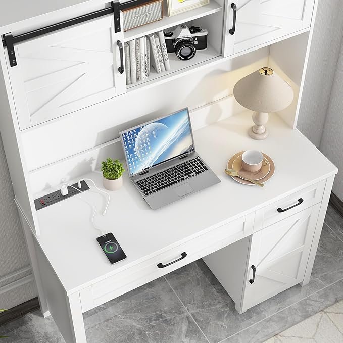 Vabches Farmhouse 47" Executive Desk, Computer Desks with 2 Drawers and Storage Cabinet, Home Office Desk with Hutch and Charging Station, Workspace for Work and Study. (Cream White)