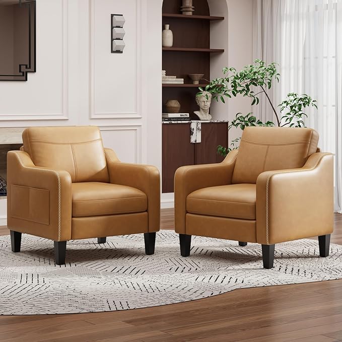 PU Leather Accent Chair Set of 2, Mid-Century Modern Living Room Armchair Sofa with Removable Cushions, Solid Wood Frame & Stitched Armrest Design, Bedroom Chair with Plastic Legs, Brown