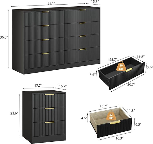 3-Piece Modern Bedroom Furniture Set, Wide 8-Drawer Dresser & 3-Drawer Nightstands Set of 2, Natural Wood Dresser and Nightstand Sets for Bedroom, Hallway, Black
