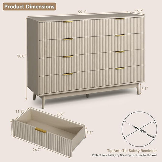 CARPETNAL Fluted 8 Drawer Dresser for Bedroom, 55" Wide Wooden Chest of Drawers with Rounded Corners, Gold Handles, Modern Storage Organizer for Bedroom, Hallway(Beige)