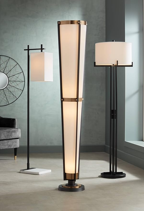 Possini Euro Design Vista Mid Century Modern Style Torchiere Lamp 4-Light 68" Tall Antique Brass Gunmetal Gray Off White Linen Cone Shade Decor for Living Room Reading House Bedroom Home Office