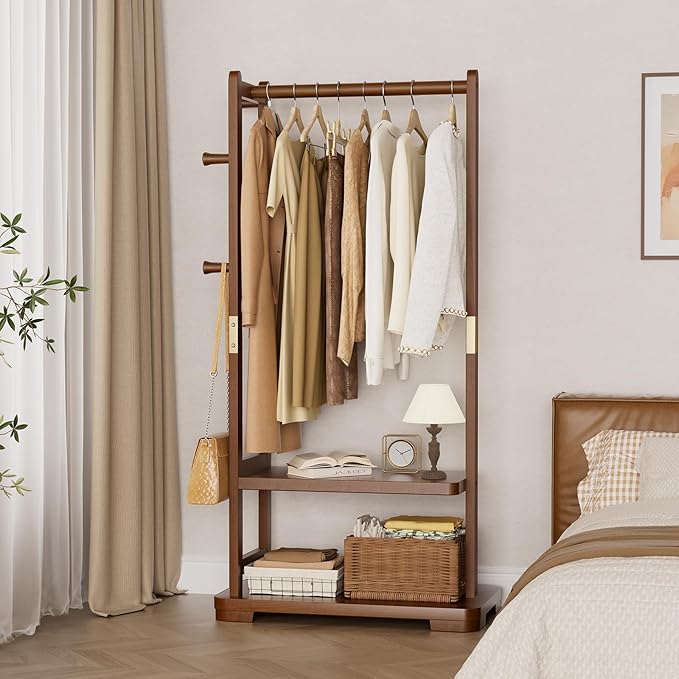 Solid Wood Clothes Rack with 2 Shelves & 4 Hooks for Hanging Clothes Garment Wallets Hats, Clothing Rack Heavy Duty Coat Rack Freestanding with Storage Hall Tree for Hallway Bedroom Living Room