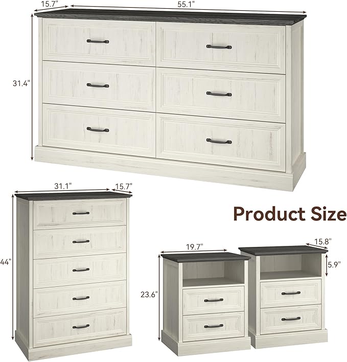 Farmhouse Dresser and Nightstand Sets, 4Pcs Bedroom Furniture Set, Nightstand Set of 2 & 55" Wide 6 Drawer and 44" Tall 5 Drawer Dresser with Large Drawers & Bar Handles, White
