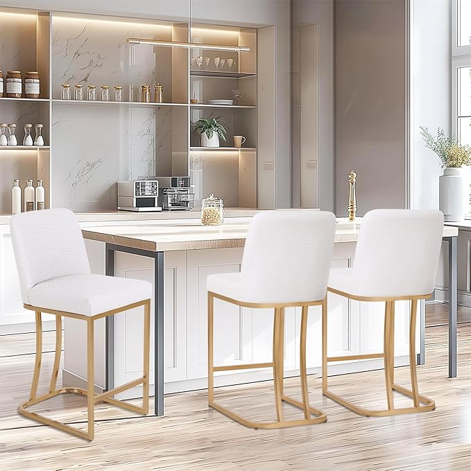 Sophia & William 24 Inch Bar Stools for Kitchen Island, Counter Height Bar Stools with Back,Modern PU Leather Gold Polished Bar Chairs,Supports 330lbs,Creamy White