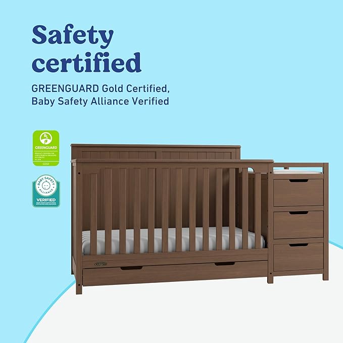 Graco Hadley 5-in-1 Convertible Crib & Changer (Hazelnut) – GREENGUARD Gold Certified, Fits Standard Crib Mattress, Converts to Toddler Bed and Full Bed, 4 Adjustable Mattress Heights