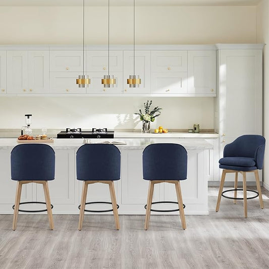 Counter Height Barstools 26 inch Upholstered Swivel Bar Stools with Back and Wood Legs for Kitchen Island,Set of 4,Blue Fabric