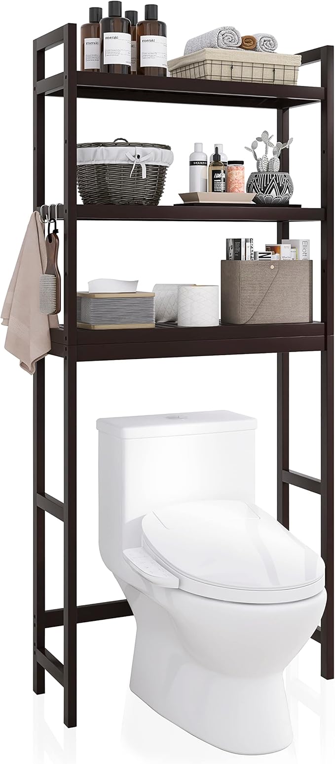 SMIBUY Bathroom Storage Shelf, Bamboo Over-The-Toilet Organizer Rack, Freestanding Toilet Space Saver with 3-Tier Adjustable Shelves (Dark Brown)