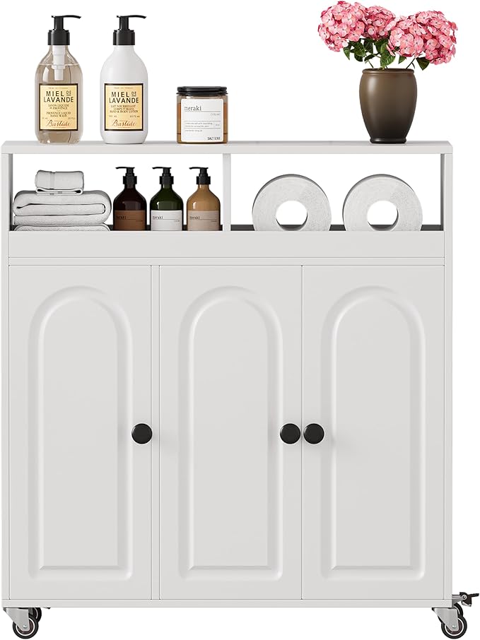 Bathroom Storage Cart with Doors,3-Door Cabinet & Divided Open Shelf,Rolling Organizer Cart for Bathroom, Toilet,White (1)
