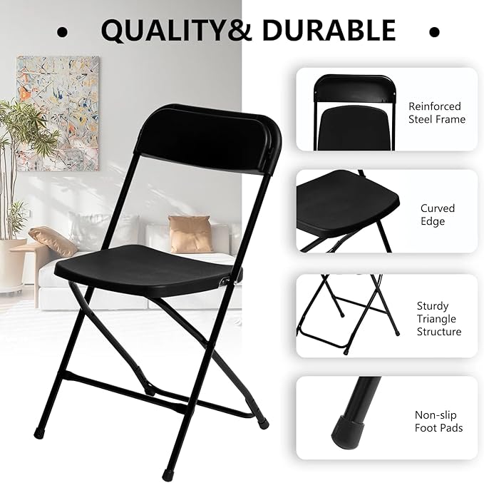 SEALAMB 6 Pack Black Plastic Folding Chairs for Indoor Outdoor, Portable Commercial Seat with Steel Frame for Home Office Wedding Party Events, 350lb Capacity (Black-Plastic, 6 Pack)