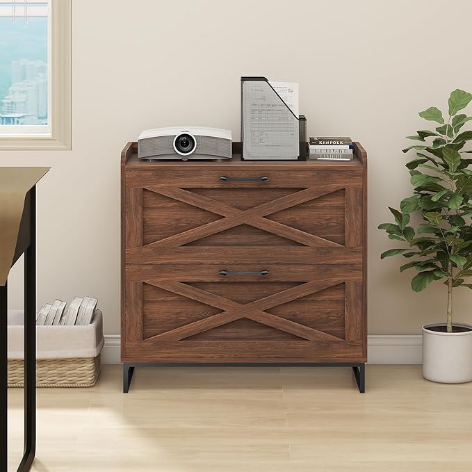 File Cabinet 2 Drawers Lateral File Cabinet with Charging Station for Letter/Legal/A4 Size Hanging Files, Large Wood File Storage Cabinets Printer Stand for Home Office, Dark Walnut