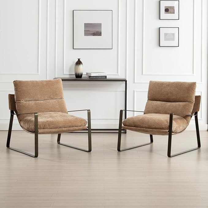 DUOMAY Mid-Century Accent Chairs Armchair Set of 2, Comfy Chenille Leisure Chairs Lazy Chairs with Brozen Metal Leg for Living Room Bedroom Office Apartment, Khaki